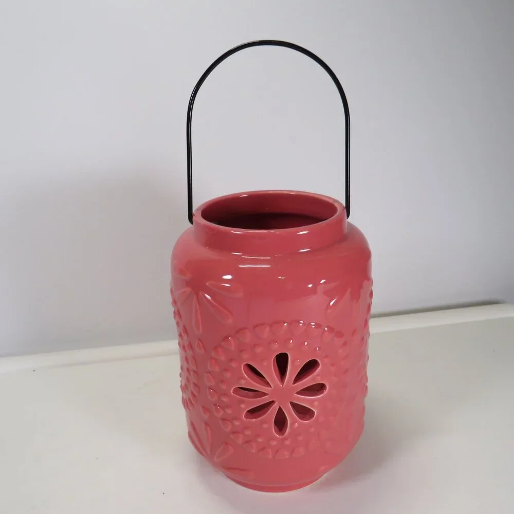 Ceramic Warm Pink glazed Lantern or vase with metal handle